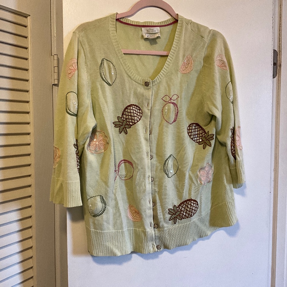 Hand embroidered Christopher & banks sweater with fruit design